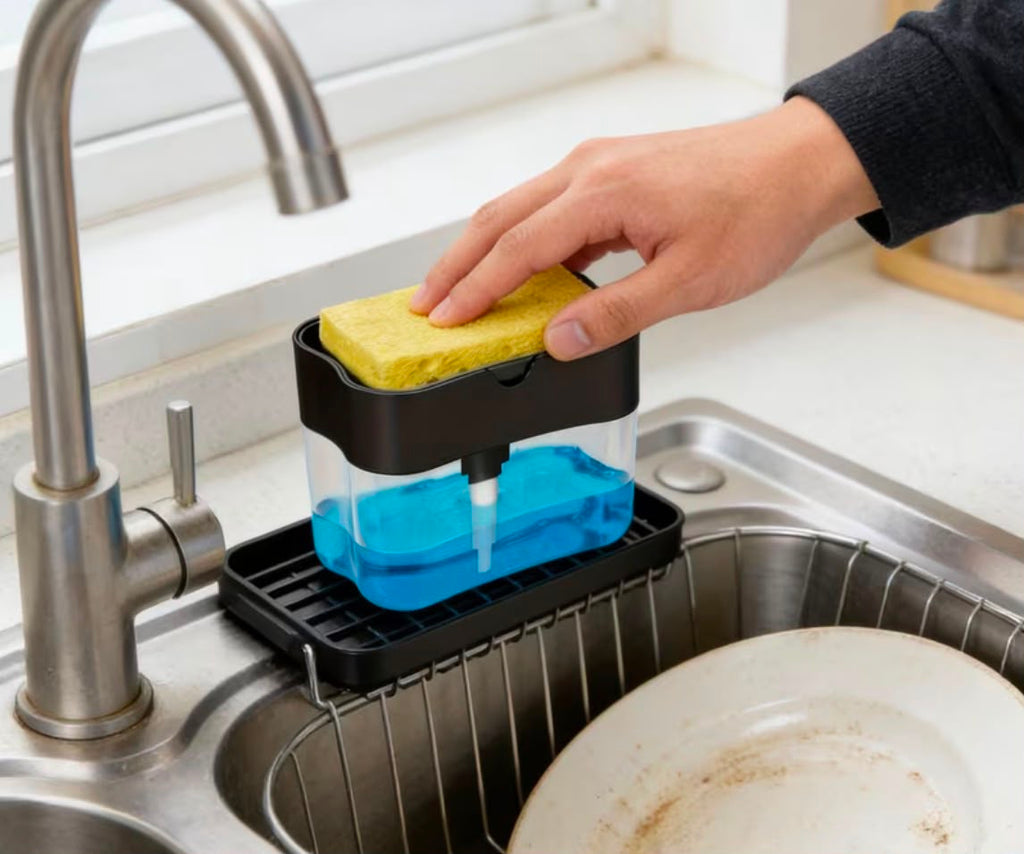 dispensador de jabón lavaplatos con portaesponja