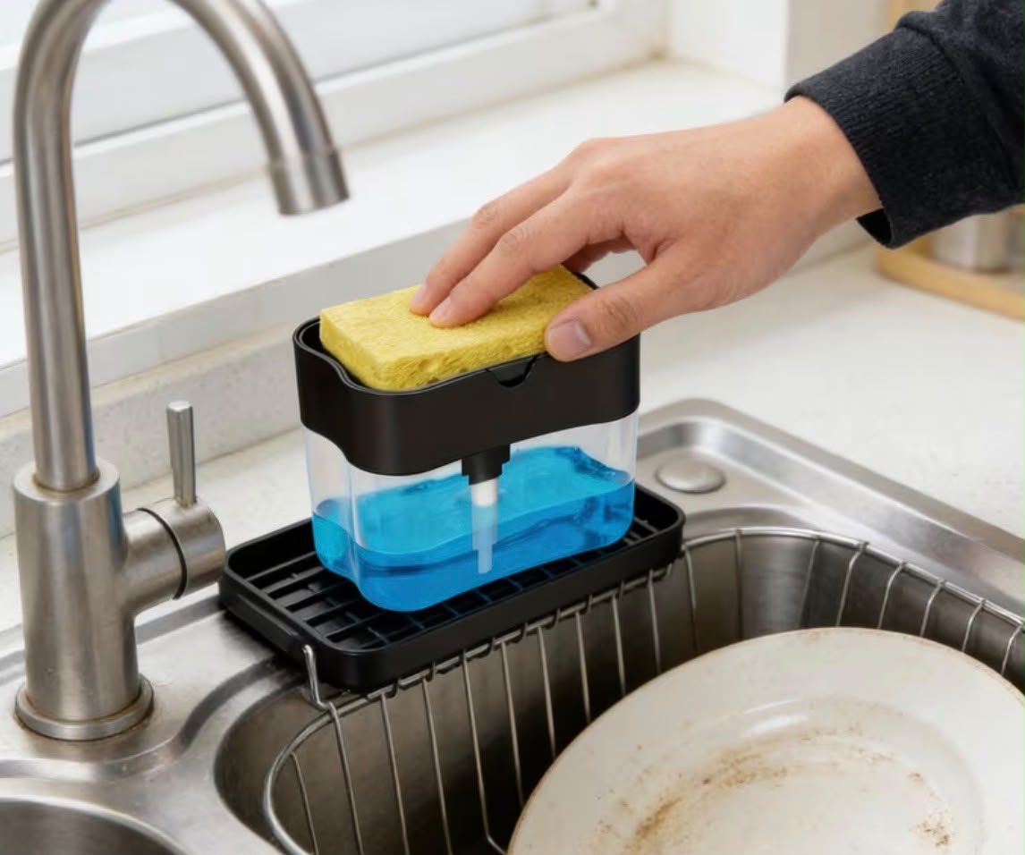 dispensador de jabón lavaplatos con portaesponja